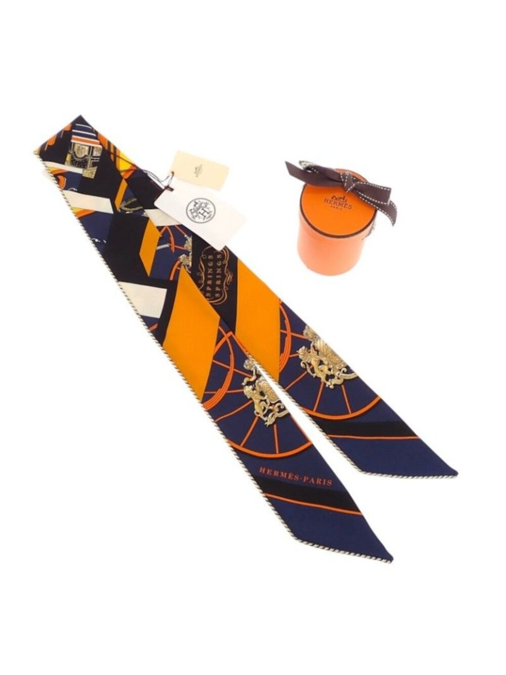 Hermes Twilly Springs Baguette Scarf Silk Orange Navy Noir Black